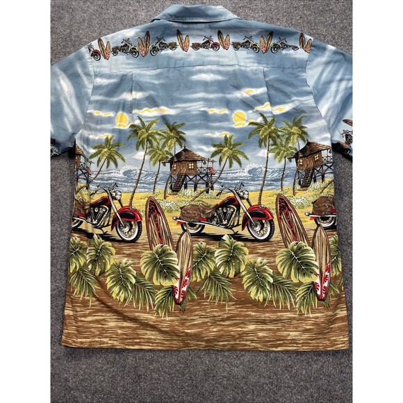 Ky's Hawaiian Shirt Men's Large Cotton Motorcycles Surfboards Tiki Hut Button-Up - Picture 12 of 16